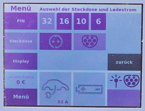 CCB Auswahl der Steckdose und des Ladestroms